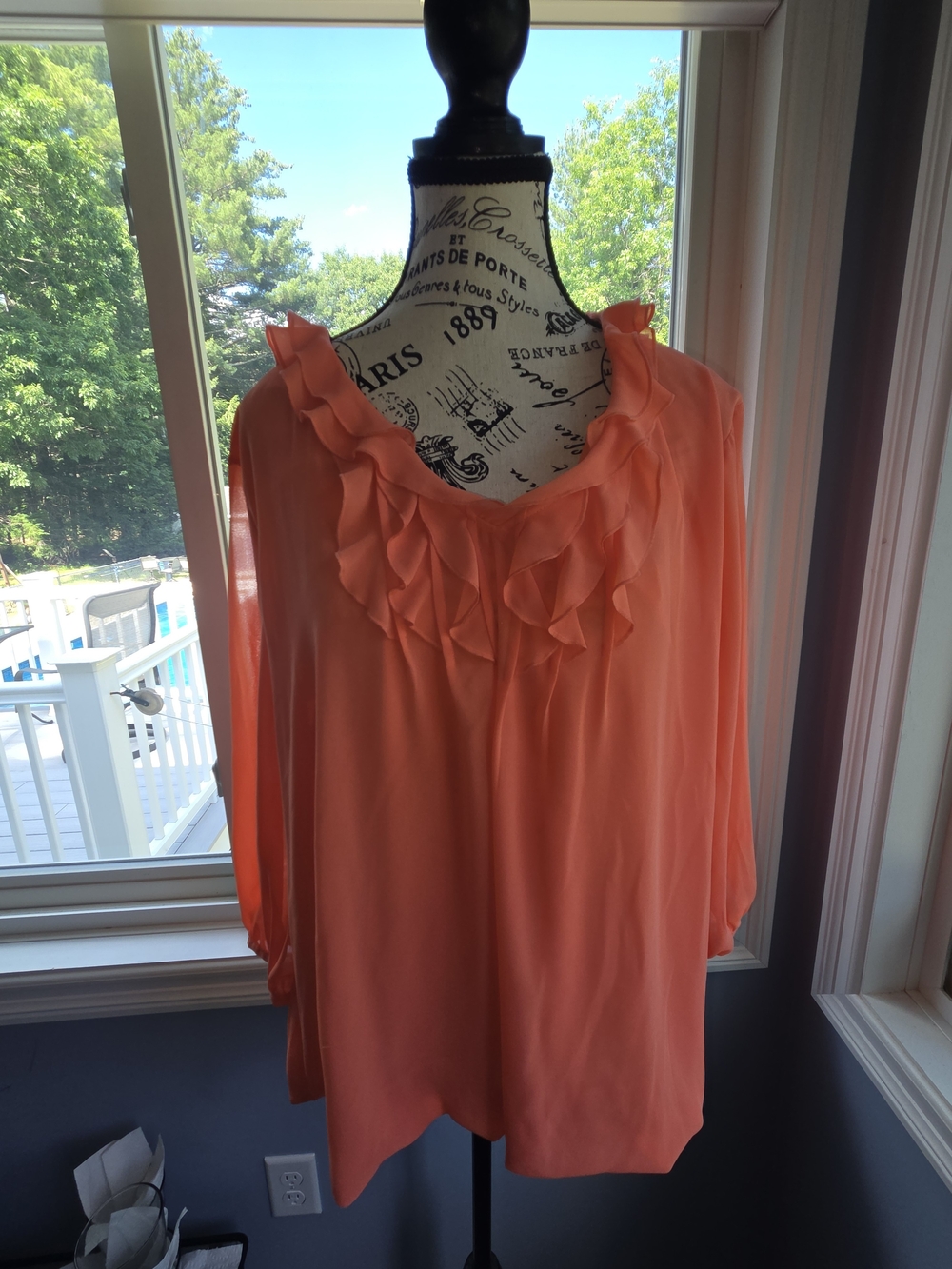 Ruffled V-Neck Chiffon Blouse - Coral